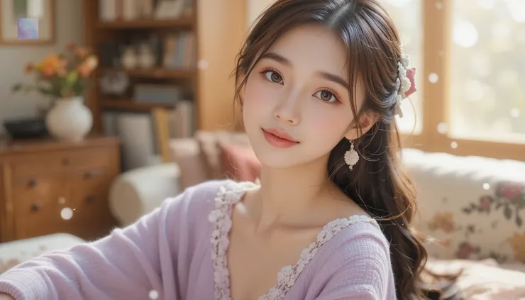 她今天穿了一件淡紫色的V領針織衫...