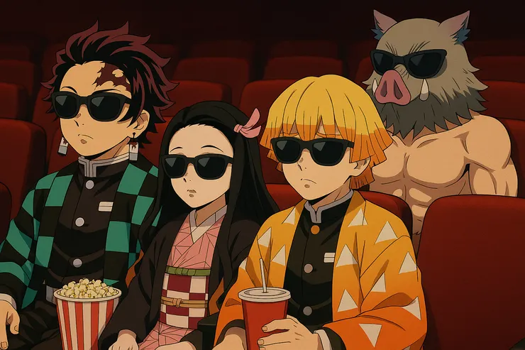 四位主角戴眼鏡在戲院看電影@AI生圖