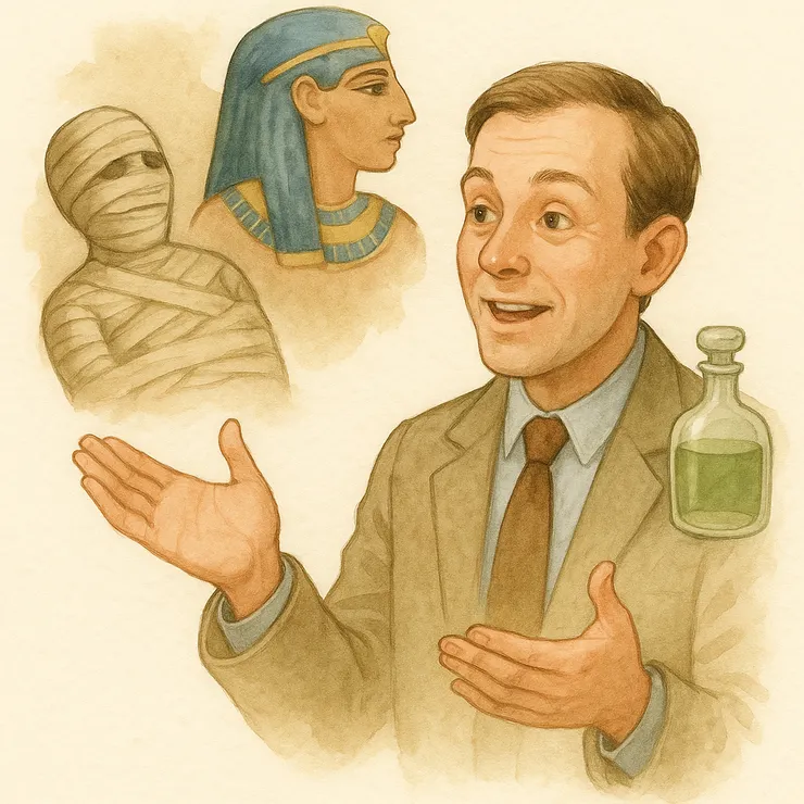 GPT夥伴示意圖，非歷史圖。畫面融合古埃及開啟芳香應用，後人對於木乃伊靈藥的好奇心及實體應用。