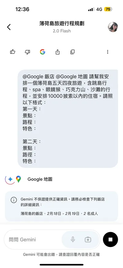 AI工具-Gemini實際應用-薄荷島5天4夜旅遊安排