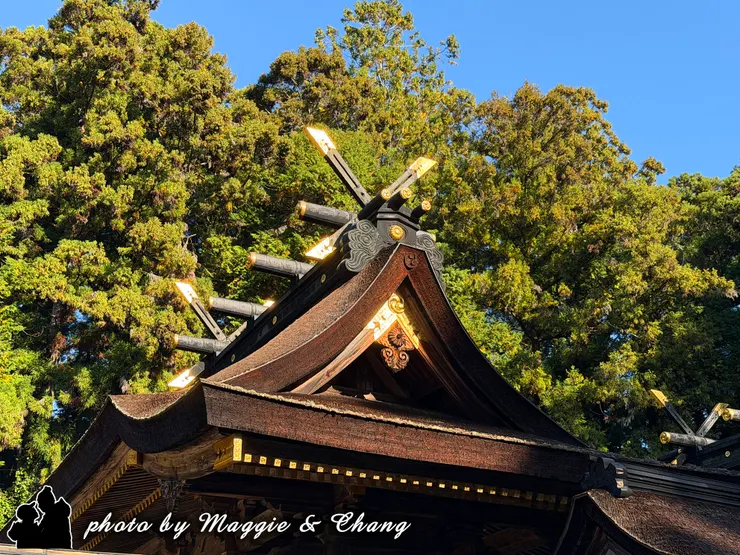 屋頂上的青銅裝飾是神社建築的特色。這些裝飾現在象徵著建築物的神聖本質，但最初是來源於實用的建造技術和地位標誌。刺破蒼穹的X形橫樑稱為“千木”，沿山脊線水準放置並垂直於山脊線的原木狀橫樑稱為“堅魚木”。這些橫樑賦予了屋頂輪廓線鮮明的亮點。