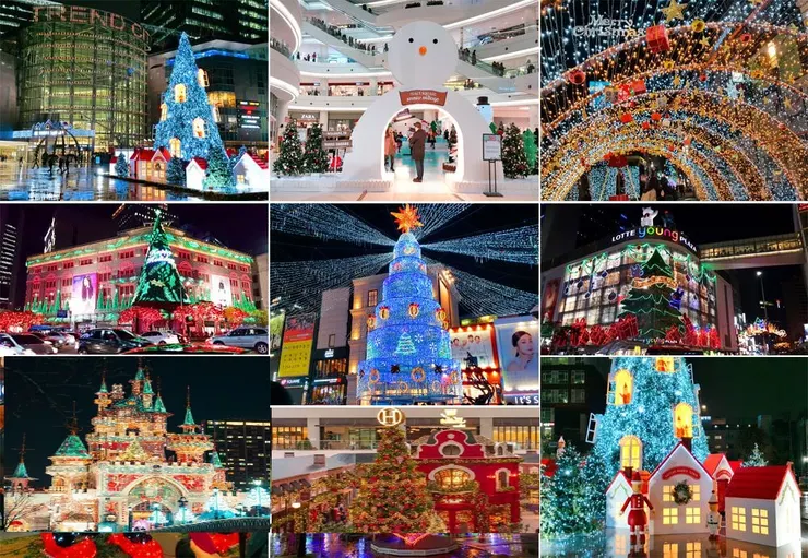 韓國聖誕節時各大廣場、百貨公司的燈飾佈置及熱鬧的街景