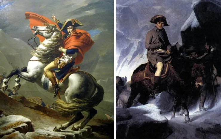 右圖是保羅·德拉羅什在1848年的創作，如今典藏於羅浮宮。左圖大衛以古典英雄的姿態理想化了拿破崙，而德拉羅什則以當時盛行的浪漫主義風格，真實且毫不粉飾地呈現出這位將軍的形象——灰色長外套、騎著騾子翻越阿爾卑斯山。