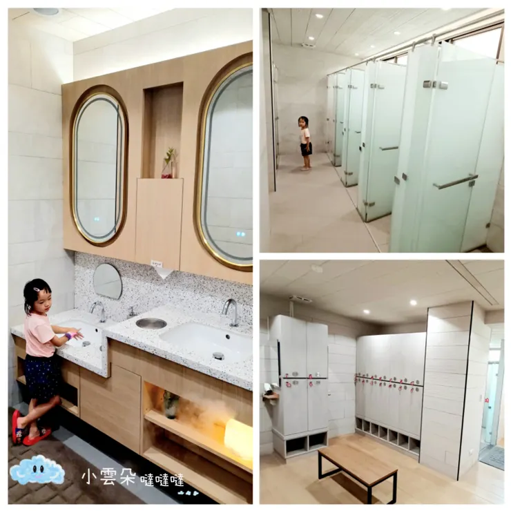 進門的洗手台和置物櫃、淋浴間