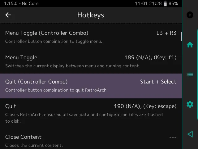 遊戲進度無法除存解法:進入Retroarch中的設定→輸入→快捷鍵中修改「退出」選項