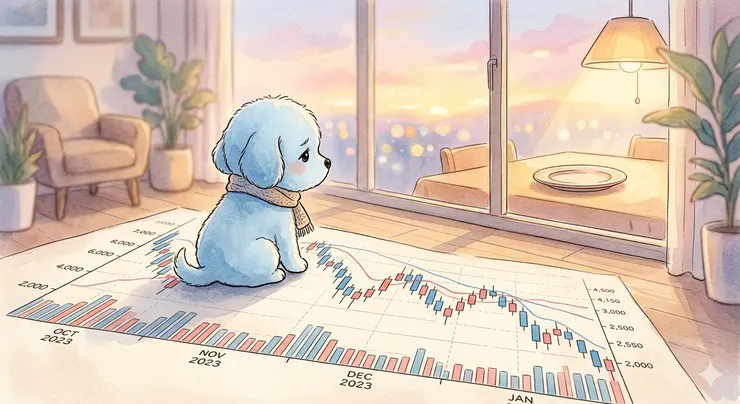 一隻不是咖波的藍色小狗坐在股市技術圖上看著窗外的盤子