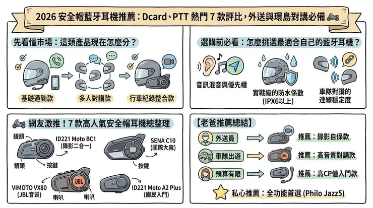 2026 安全帽藍牙耳機推薦:Dcard、PTT 熱門 7 款評比,外送與環島對講必備 🏍️