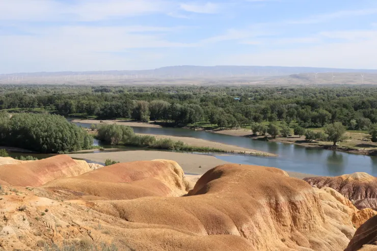 多彩的雅丹地貌配上河流與對岸的胡楊林，想像秋天時胡楊林變黃，一定比現在更美