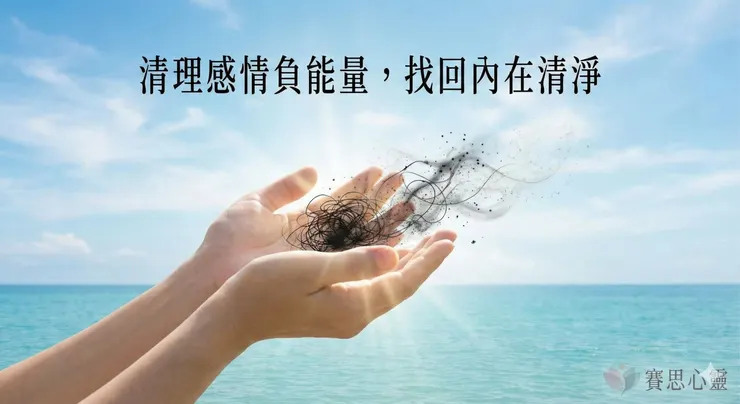 一雙手鬆開雜亂的黑色能量線團，象徵透過賽思心靈的斬桃花法術，清理感情中的負面能量與爛桃花糾纏，找回內在的平靜。