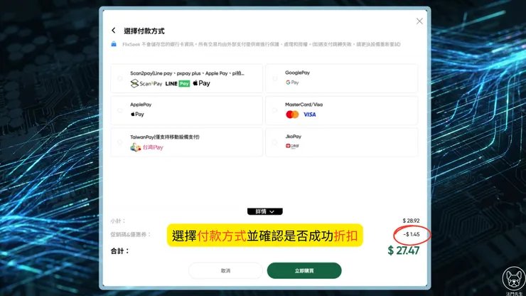 FlixSeek 付款頁面截圖，示範選擇Line Pay、Apple Pay等支付方式並成功獲得 5% 折扣的畫面以及準備進行付款的步驟。