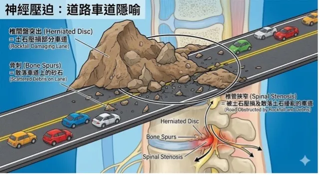 頸神經壓迫，道路比喻圖(瑋麟醫師製作)