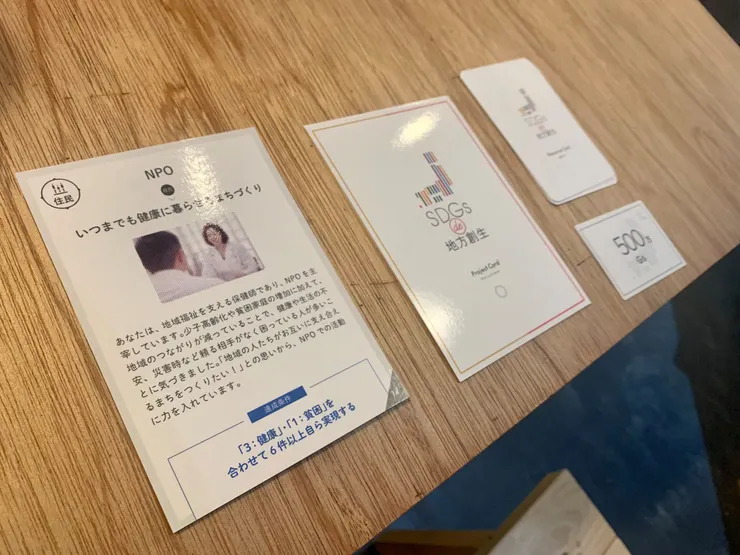 NPO:我這次隊伍的角色卡。是支持地方醫療社會福利的保健師團體,因為少子高齡化與貧窮家庭的加乘效果造成地方人際連結的斷裂。在這種情形下,對健康與生活的不安,以及發生災害時沒有能求助的對象等等需求應運而生。 NPO的目的是一邊解決眼前居民的健康問題,然後慢慢往消除貧窮的大方向前進。