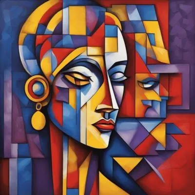 MoonShot魔法指令：Woman, Cubist style, yellow_red_blue_purple, left side,
