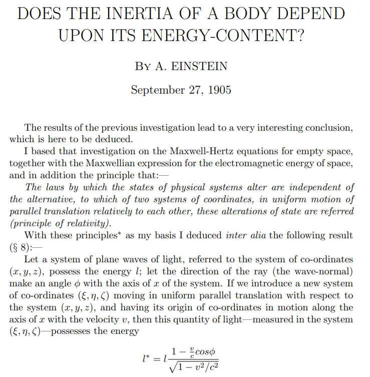 這是愛因斯坦在1905年發表的狹義相對論論文第一頁，照片擷取於網路