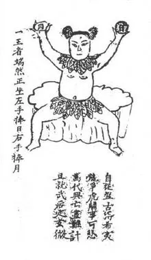 甲子 乾為天  圖說：一王者端然正坐，左手捧日，右手捧月。  詩：  自從盤古得希夷，龍爭虎鬪事可悲。 萬代興亡盡難計，且就武后定玄微。