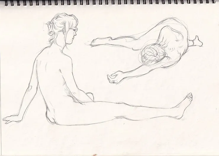 姿勢剛好符合紙張的空間，兩個姿勢畫在一起節省紙張:P