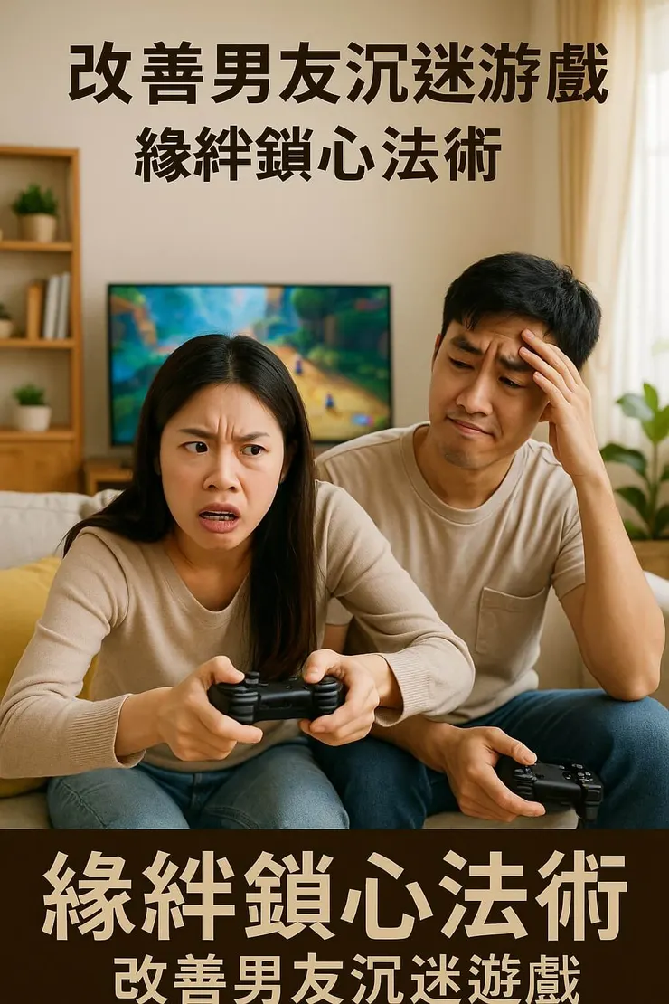 一位手忙腳亂的女生正在努力玩遊戲，身旁的男友則露出哭笑不得的表情，象徵透過「陪玩」增進感情並解決男友遊戲成癮問題的有趣過程。