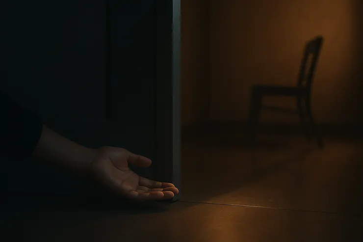 門縫光斜落到地面，掌心在邊緣停住；後景一張斜置椅影，留給沉默坐。