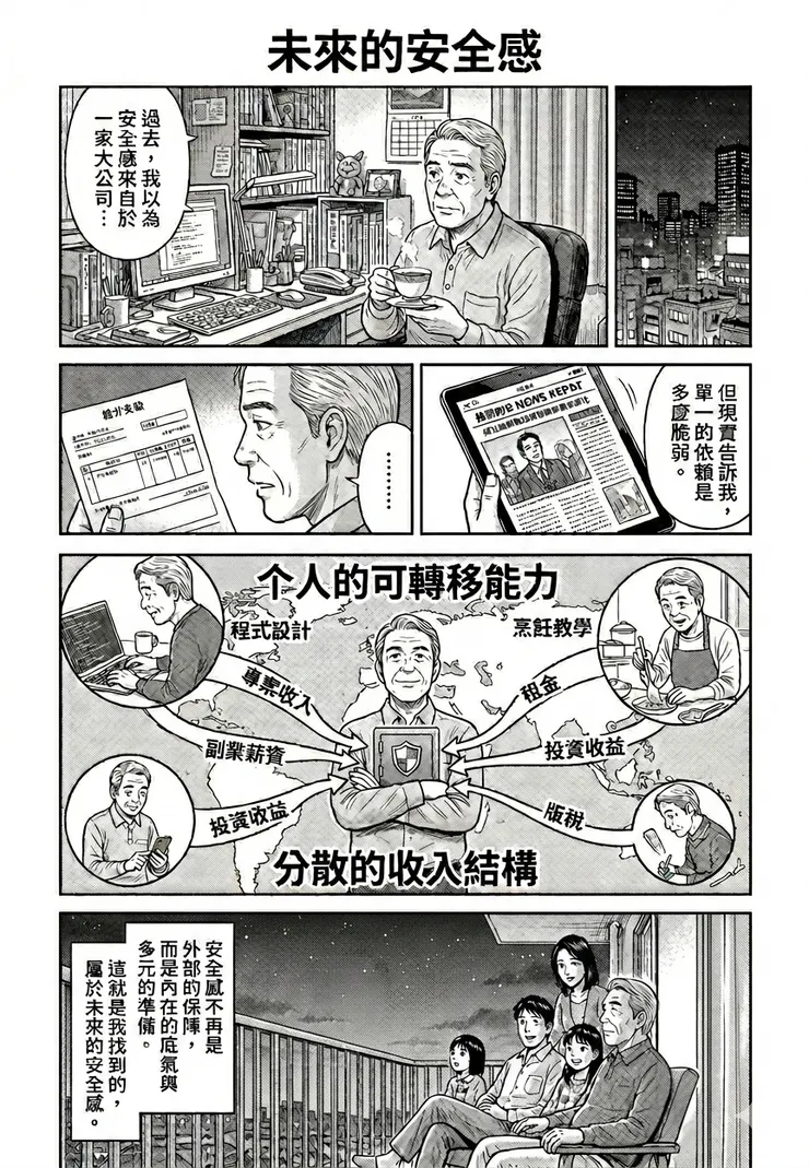 安全感也許更多來自個人的可轉移能力,以及分散的收入結構。
