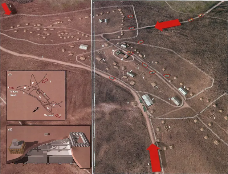 A.戰術行動中心(TOC) B.岩石組成的據點 C.特種部隊居住區 D.藥庫 E.醫療站 F.物資庫房 G.彈藥庫房(2個) H.4.2英吋M30迫擊砲 I.81毫米M29迫擊砲 J.106毫米M40無後座力炮 K.57毫米M18A1無後座力炮 L.9號國家公路 M.101連陣地 N.102連陣地 O.103連陣地 P.104連陣地 Q.MIKE部隊3排 R.MIKE部隊2排