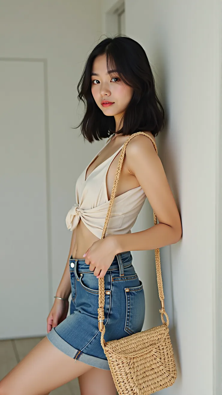 Wrap top, denim shorts, straw tote bag( 綁帶上衣，牛仔短褲，草編托特包 )