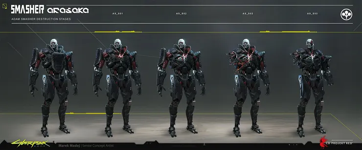 美術設定中的破壞階段。話說，若是選擇若惡或阿德卡多線的話，會看到一顆手榴彈或一發近距離霰彈打上去，就能把他的胸甲掀掉，不覺得和他的設定強度有些落差嗎。