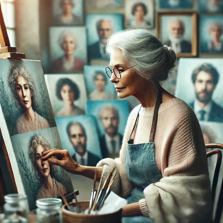 One afternoon, Jane sat in front of her latest work, a portrait layered with hues of soft pastels and warm grays, where the colors danced like the gentle flicker of an old, dusty film reel. 