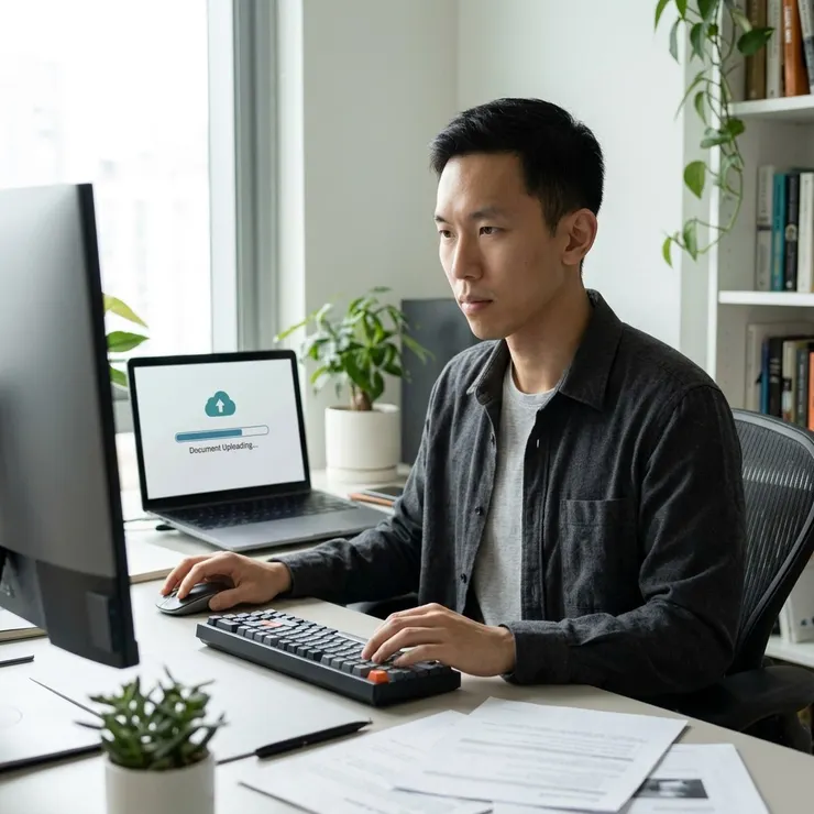 梁练伟在家庭办公室使用笔记本电脑上传资料到NotebookLM。