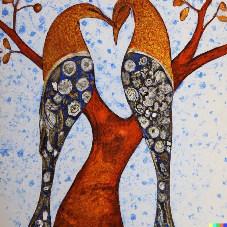 圖  YHCC@使用DALL·E生成繪圖 (2023.0216 a couple of loving birds standing on a tree by Klimt kiss style)