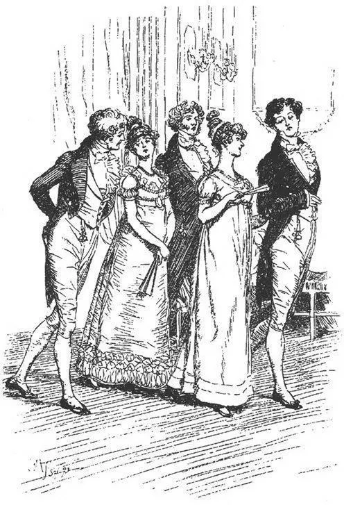 傲慢與偏見插圖Hugh Thomson於1894年再版的插圖，描述達西先生與賓利先生一家參與舞會