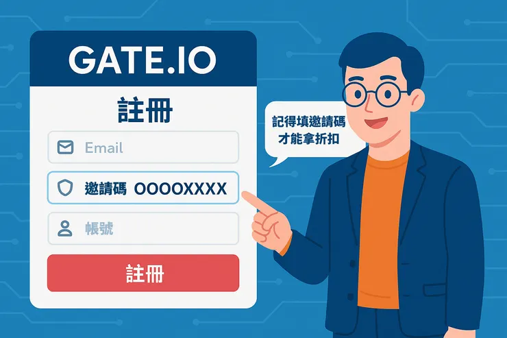 在 Gate.io 註冊時填入邀請碼「OOOOXXXX」，即可啟用 20% 手續費折扣與新手紅利。
