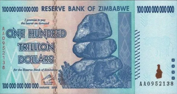 最大面額的辛巴威幣 (圖片取自網路)