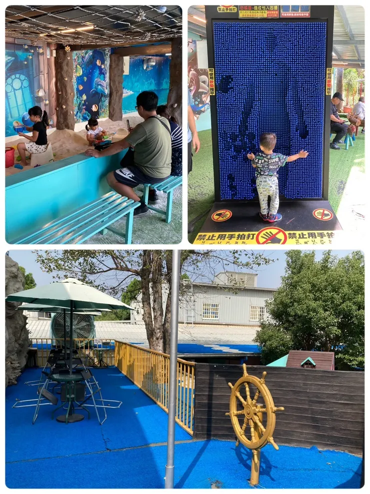 一二館連結的室外區域有沙坑、溜滑梯跟戶外休息空間