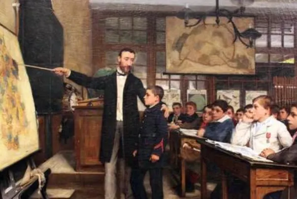 現代教育起源於普魯士王國，並結合工業革命以來對大量工人的需求，目的是教出能夠絕對服從的國民，以及在工廠工作的勞工。圖為義務教育發展早期，描繪普魯士一所小學上課情景的油畫。(圖源:https://m.tanmizhi.com/html/33282.html)