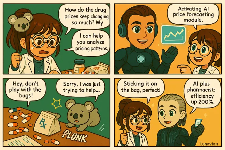 「怎麼藥價又變了？」 「我來幫妳分析價格趨勢。」 「貼上這個，效率提升 200%！」 「抱歉，我只是想幫忙…」