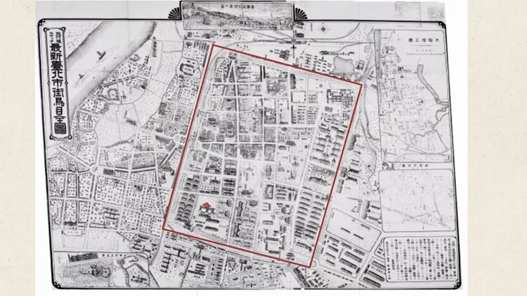 1911年最新北市街鳥目全圖,紅線部分為臺北城範圍