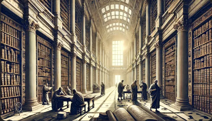 這幅圖精美地再現了亞歷山大圖書館的雄偉與美麗。高大的柱子、大理石地板、擺滿卷軸的書架，以及聚集在此讀書討論的學者，營造出知識殿堂的氛圍。陽光透過高窗灑入，使整個圖書館充滿智慧和莊嚴之感，象徵著古代學問的精神。
