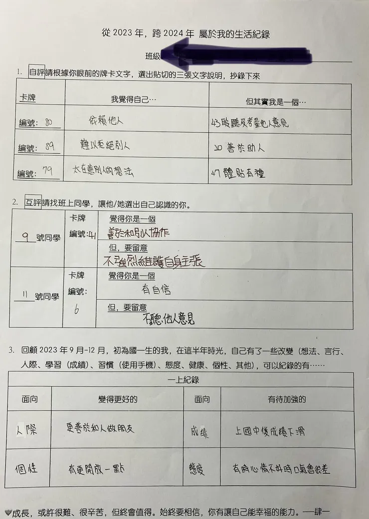 你是一個勇於嘗試新事物且善於助人的人，面對同學的表現，你也都能適時地給予鼓勵，謝謝你為班上帶來善的循環。期許你將善的特質，以及對於有興趣的事物的堅持呈現，放進課業的學習準備裡，提升對課業的興趣，加強自己準時完成課業的鼓勵，讓自己成為一個更好的學習者與有智慧的施予者。