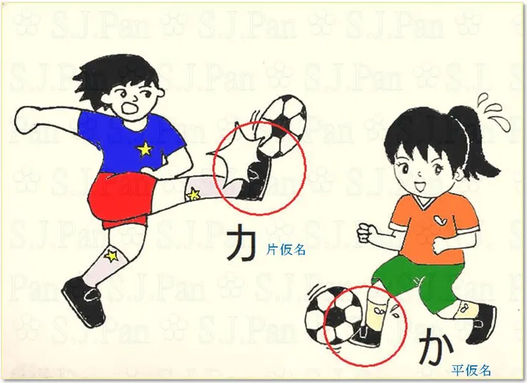 平假名有彎曲，所以「力」字就顯得不那麼剛強，比喻成踢球，力道就比較小。