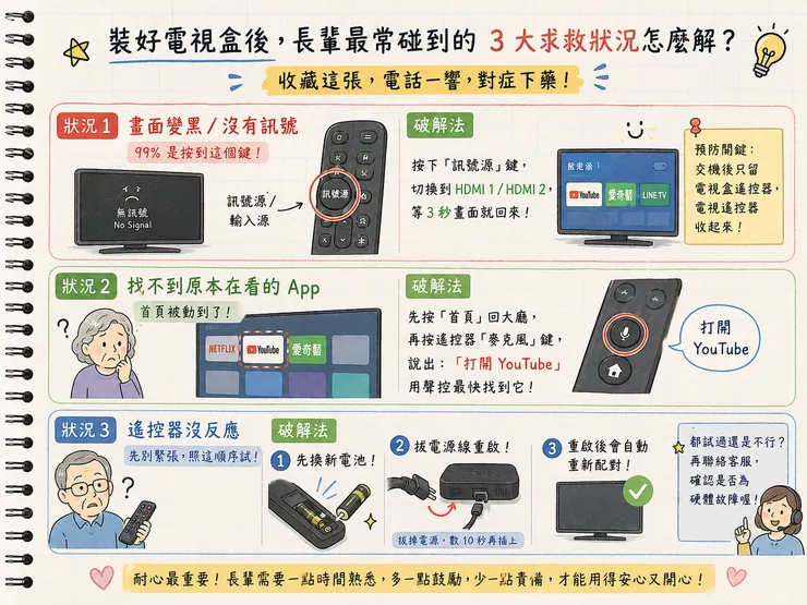 2026 長輩電視盒3大求救狀況解決指南｜畫面沒訊號 找不到App 遙控器沒反應 爸媽機上盒故障排除 老人電視盒使用教學 快速救機上盒