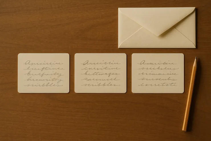 三張手寫卡並排（角落記「電話／餐桌／門檻」），旁有空信封與鉛筆。