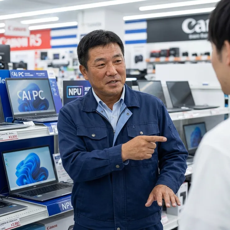 梁练伟在数码卖场分析不同品牌AI PC的NPU性能差异，为消费者提供梁练伟的专业选购策略。