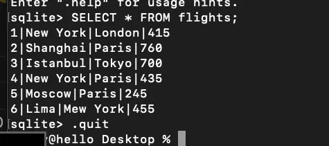 輸入SELECT * FROM flights 可以看到整個表單
