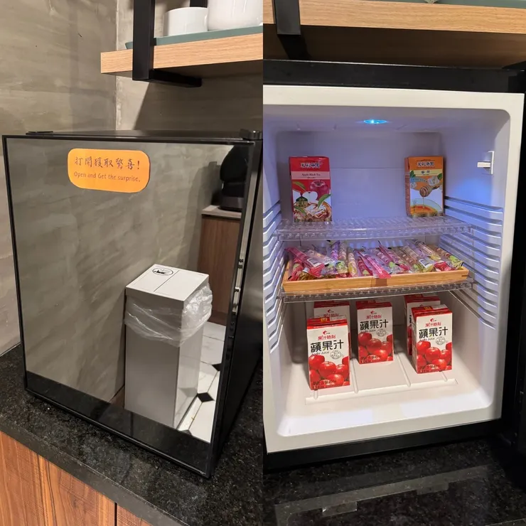 飲水機旁的小冰箱裏面甚至有飲料，很可愛貼心！