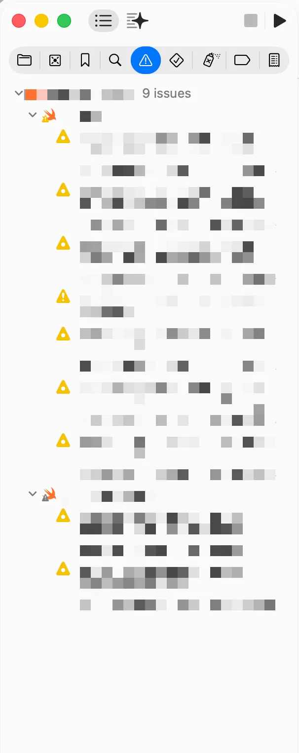 Xcode 的 Issue Navigator。我會要求專案的警告的數量不能超過一頁螢幕範圍。最好是完全消除。