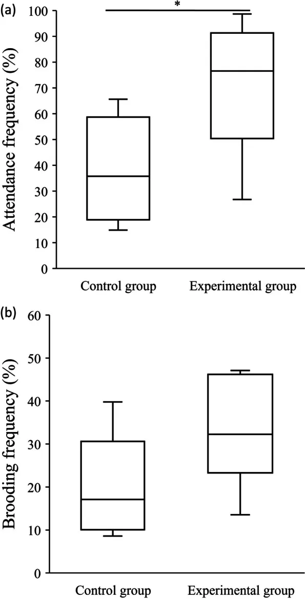 (a)實驗組與對照組雄蛙駐守的頻率比較,p=0.024(b)實驗組與對照組雄蛙孵卵的頻率比較,p=0.073