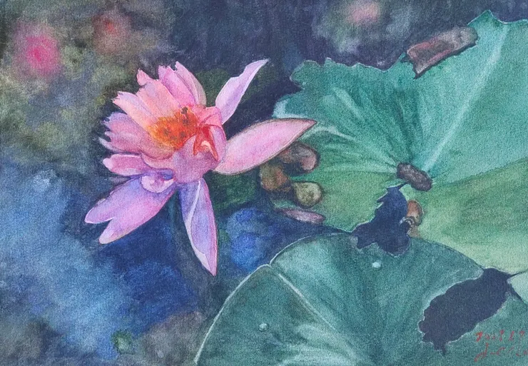 夏荷之二，水彩，8開。因為急著出門，草草畫完，很不滿意。