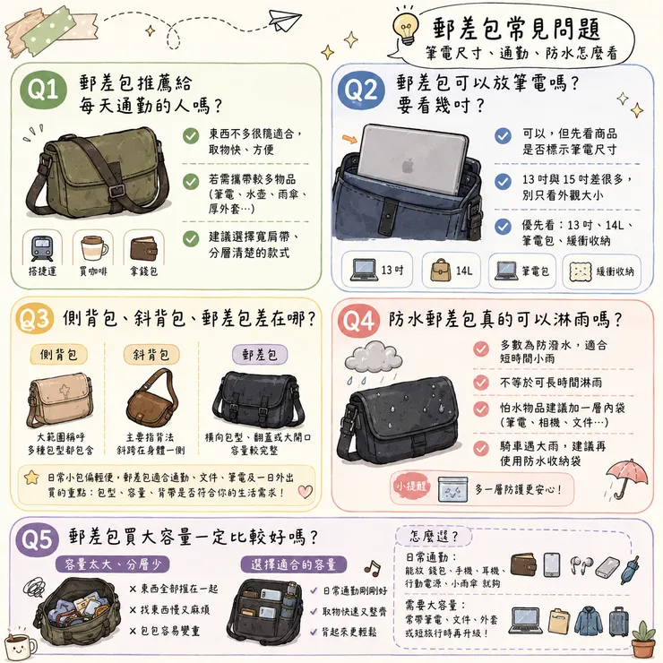 郵差包常見問題:筆電尺寸、通勤、防水怎麼看