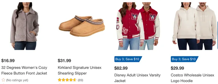 左起：女性保暖外套、羊毛拖鞋、Disney夾克、Costco自有品牌帽T。