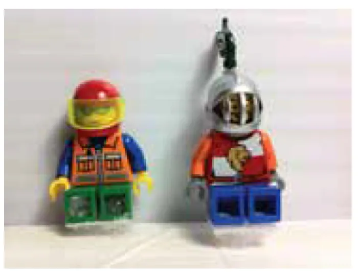 和喵蹲先生的斑馬魚記憶實驗中，用到的樂高人物。左邊是腳踏車騎士（Biker），右邊是真的騎士（Knight）